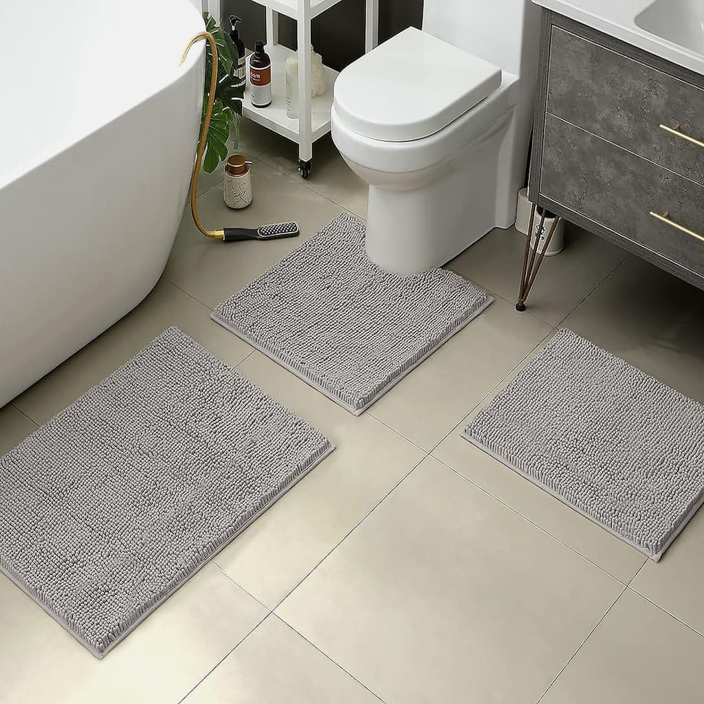 3 Piece Set Light Grey Soft Cozy Plush Chenille Bath Mat Bathroom Rug