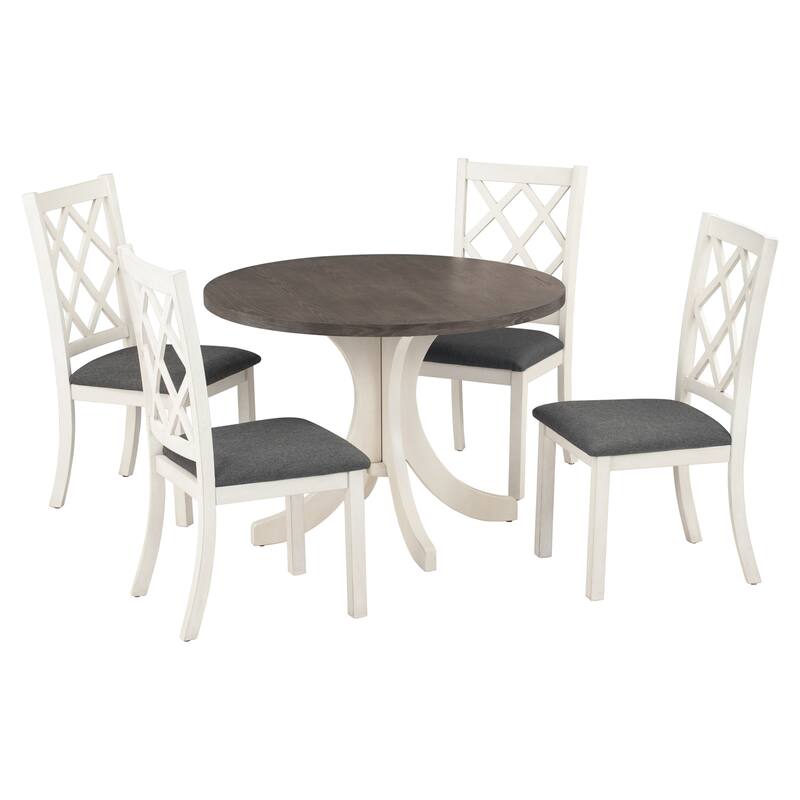 Solid Wood Round Dining Table Set with Upholstered Chairs, 5-Piece
