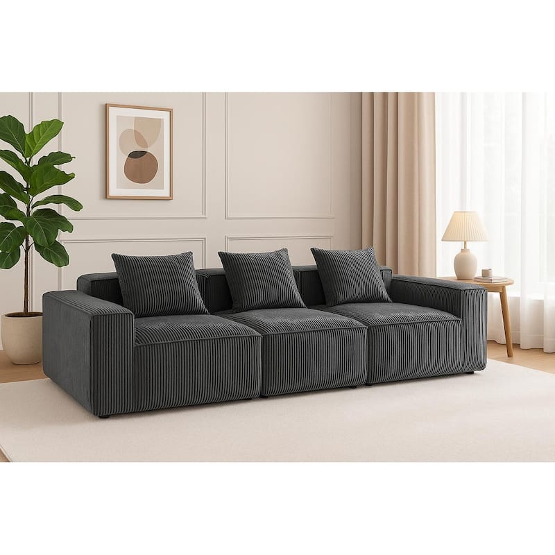 Deep Seat Modular Sofa Corduroy 3 Seater Lounge Couch with Pillows