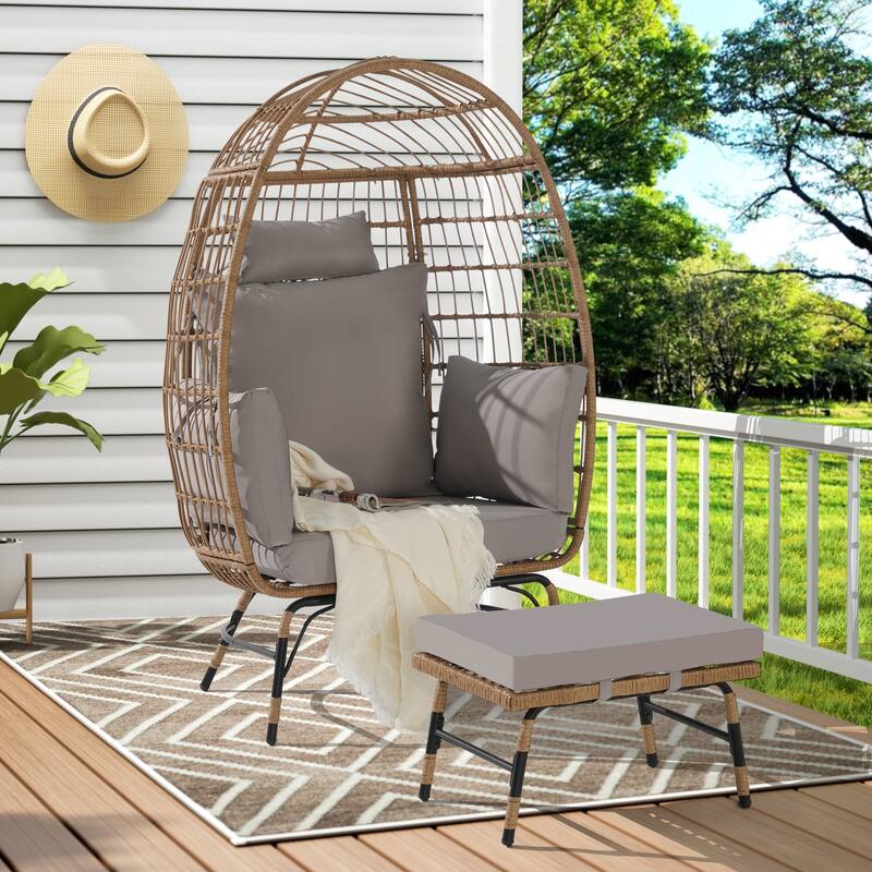 2-Piece Oversized Outdoor Rattan Egg Chair with Ottoman - Light Gray