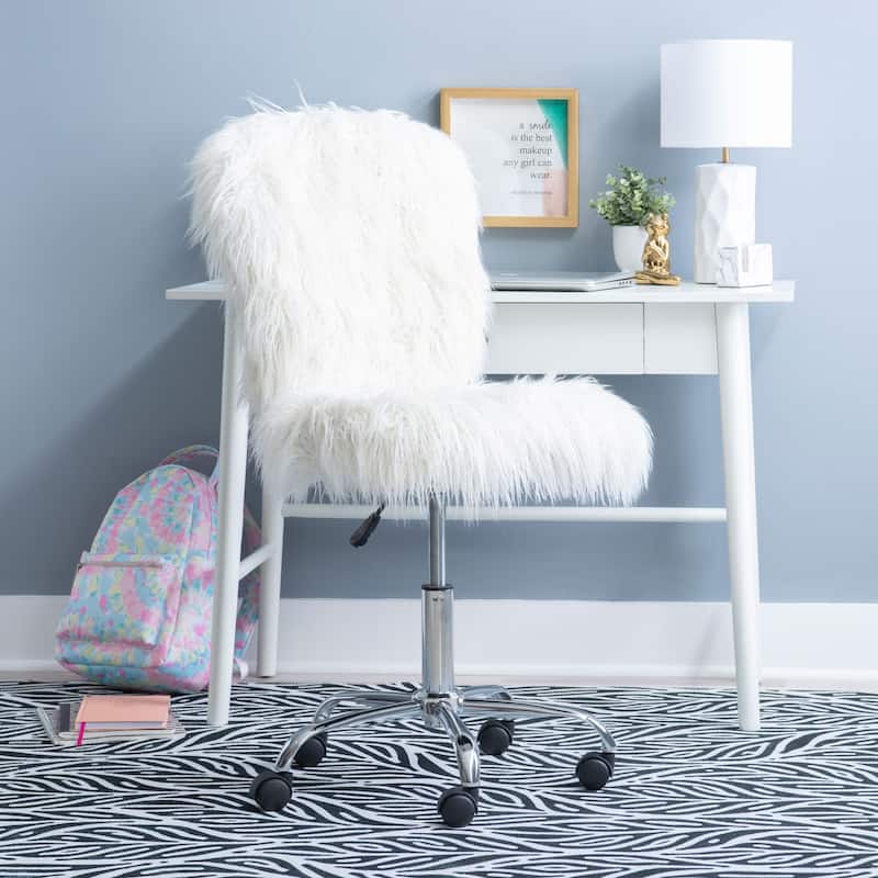 Faux Flokati Blush Adjustable Rolling Chair - 41.25" - White Silver