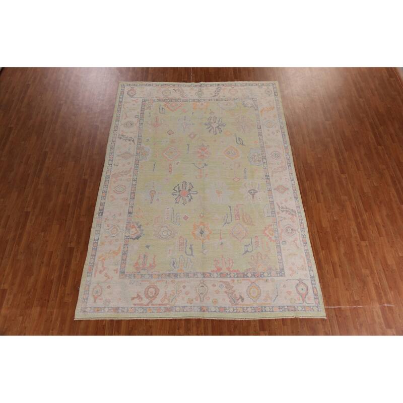 Hand Knotted Oriental 100% Wool Carpet Transitional All-Over Green Oushak Area Rug - 12' 5'' X 8' 10''