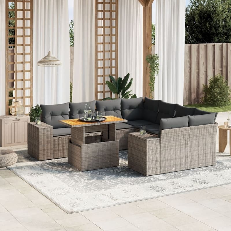vidaXL Patio Sofa Set with Cushions Outdoor Table and Sofas 9 Piece Poly Rattan - 21.7 x 39.4 x 28.7