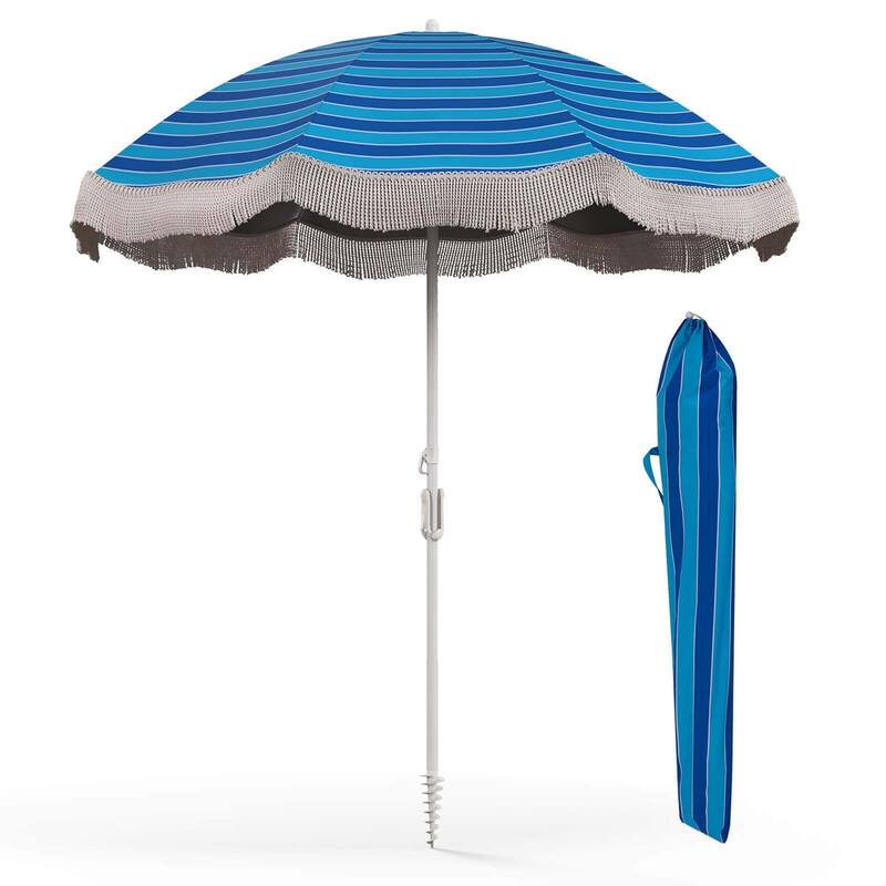 6.5 FT Outdoor Fringe Patio Umbrella w/ Carrying Bag & Push Button - Navy