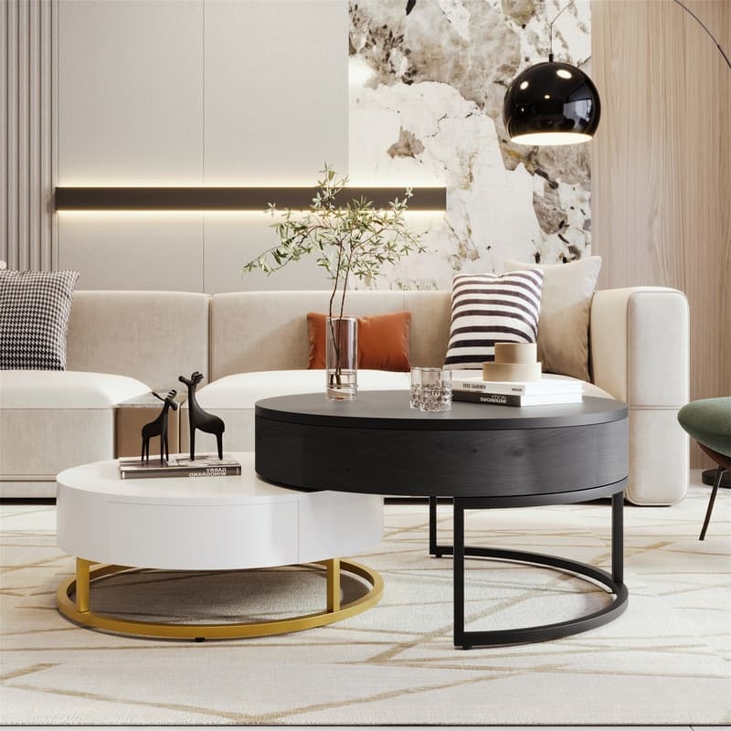 Lift Top Coffee Table, Round Coffee Table with 2 Drawers, Nesting Coffee Table Set of 2, End Table, Center Table for Living Room