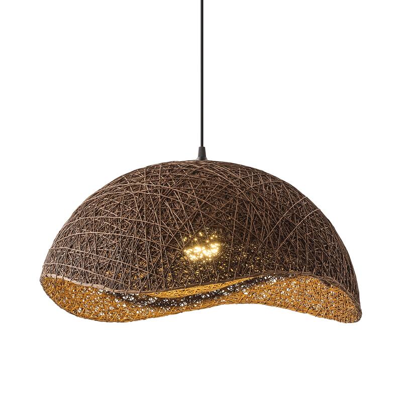 1-Light Boho Brown Rattan Hand-Woven Cloche Hanging Basket Pendant Light - 20.47" W x 12.59" H