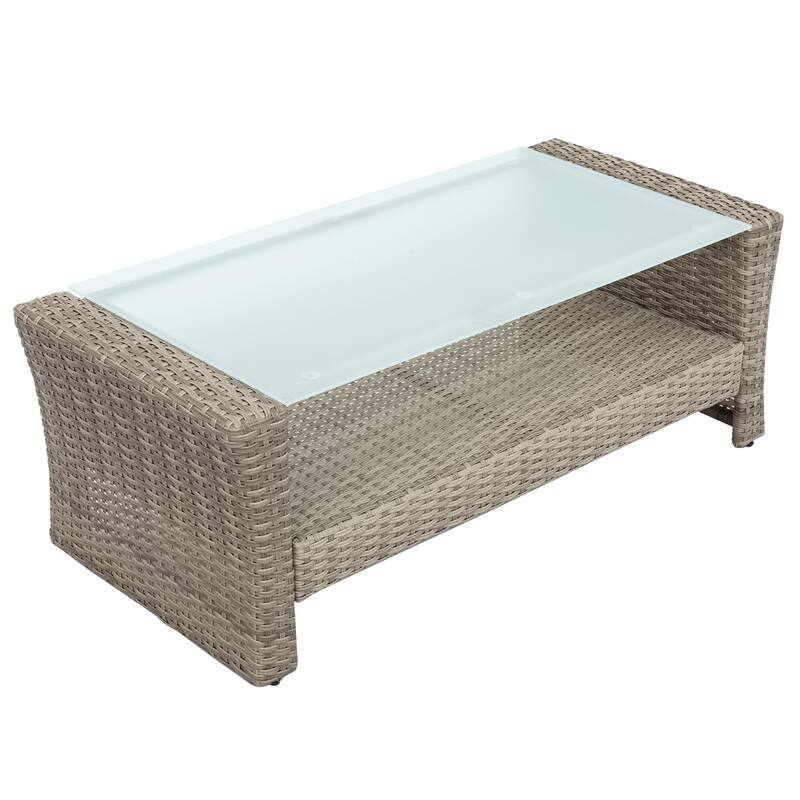 4 Piece Wicker Patio Conversation Furniture Set, All Weather Outdoor Rattan Sectional Sofa with 2 Ottomans and Coffee Table