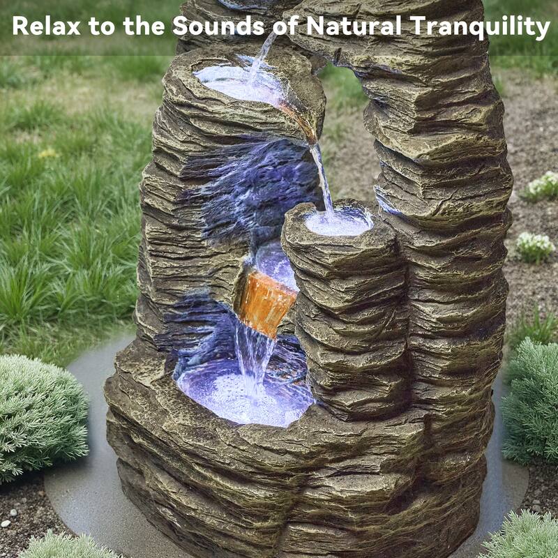 Vbal Outdoor 4-Tier Polyresin Cascading Fountain – Weather Resistant with Lighted Base & Flowing Water