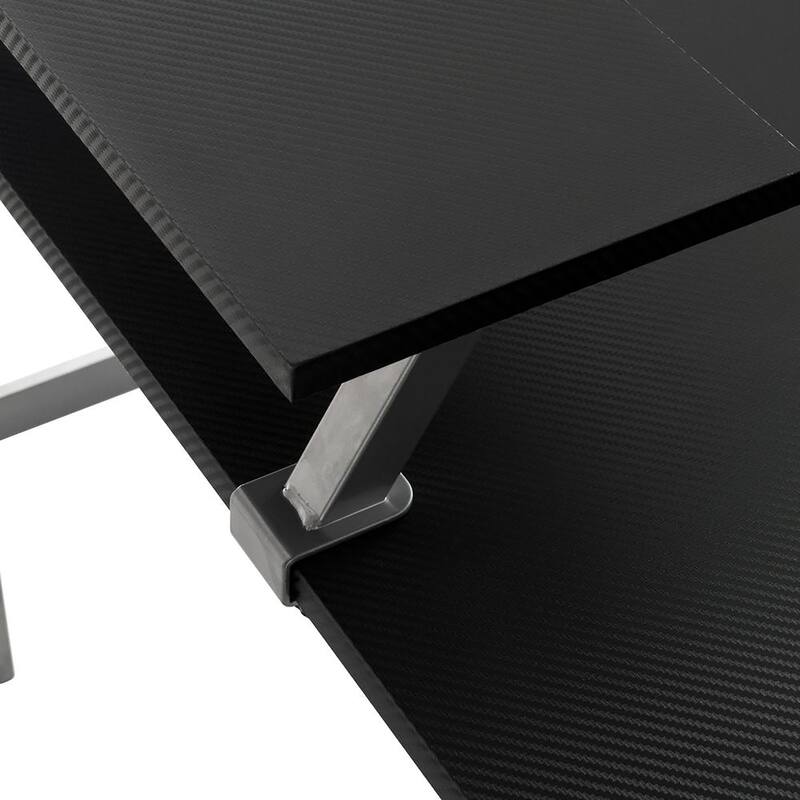 Techni Sport L-Shaped Gaming Desk with Dual Monitor Stands, Carbon Fiber Surface with Retractable Cup Holder, Black