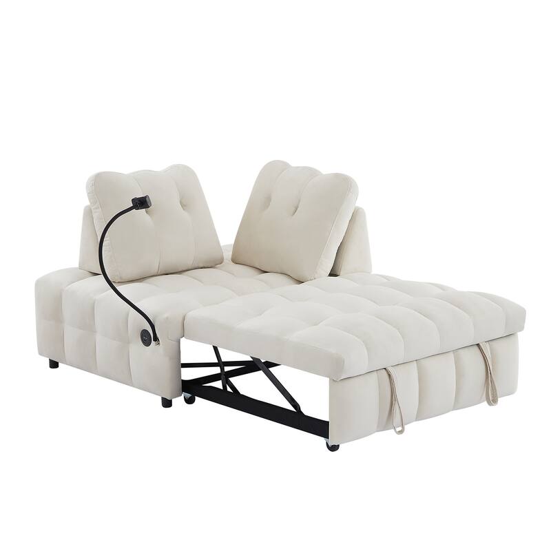 Modern pull-out velvet sofa bed with USB port and rotating phone holder