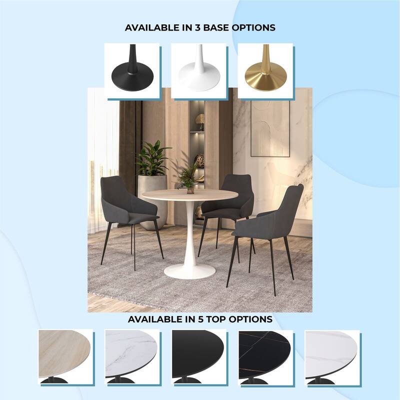 Bristol 35 Inch Mid Century Modern Round Dining Table, Wood Top & Glossy Iron Pedestal Base for Kitchen & Dining Room