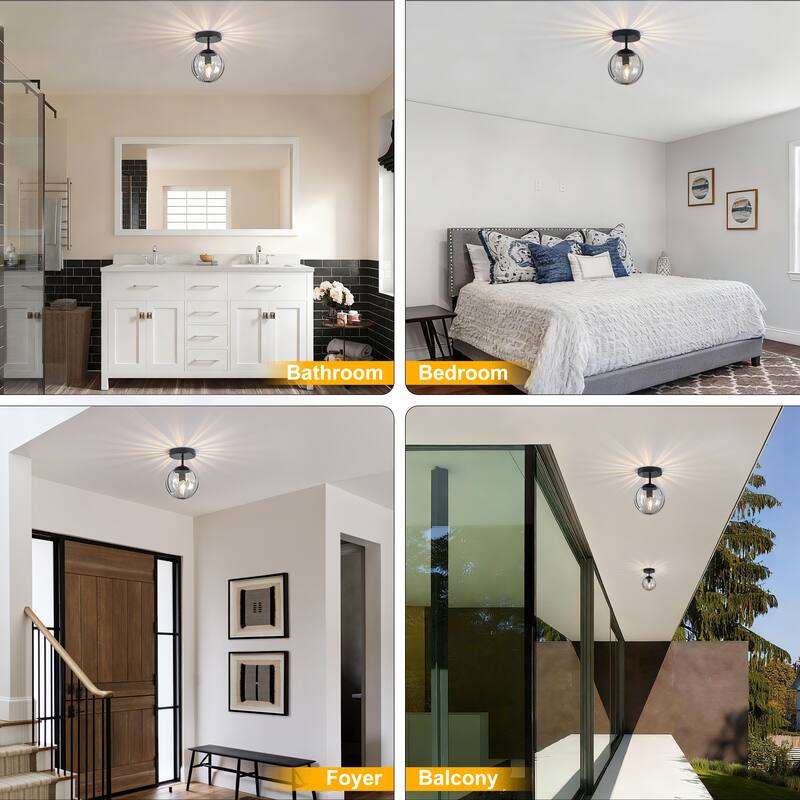 Modern Single Semi Flush Ceiling Light with Metal Base & Ribbed Gray Glass Globe Shade