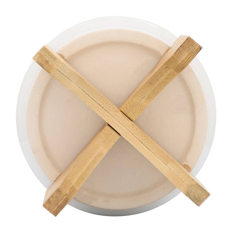 Off-white Etched Design Ceramic Planter with Natural Wood Stand