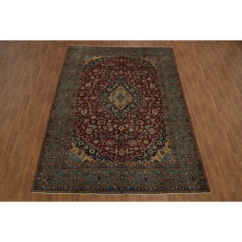 Hand Knotted Oriental 100% Wool Carpet Traditional Floral Red Kashan Area Rug - 13' 5'' X 9' 7''