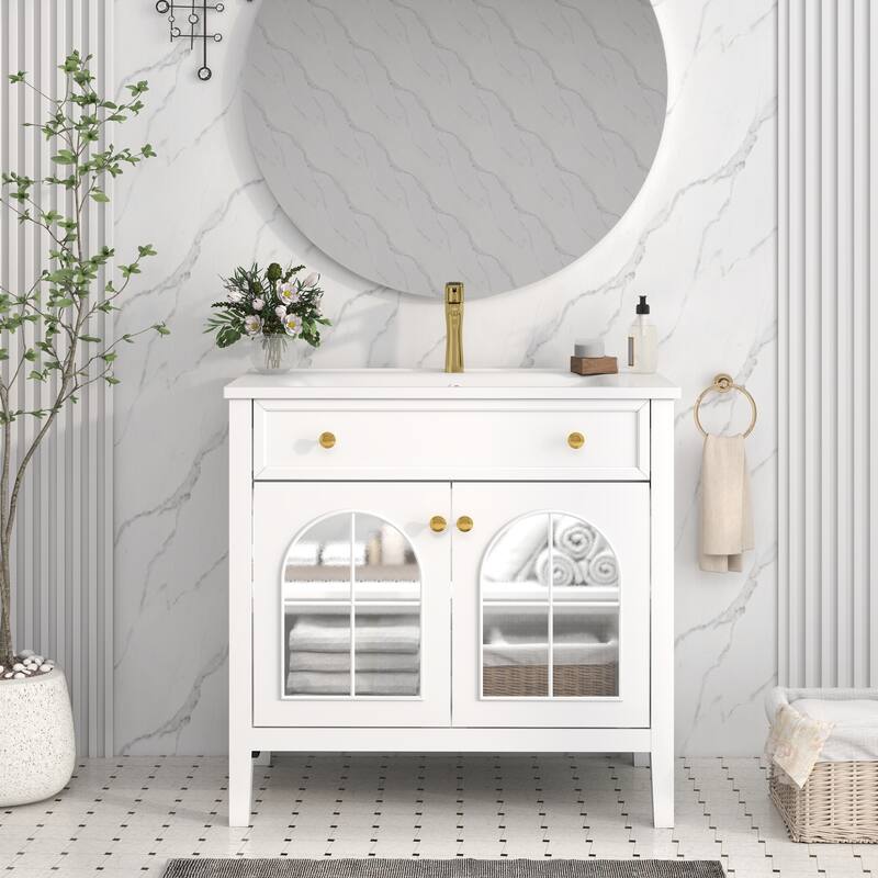 35.6" Mid-Century Bathroom Vanity Sink with Patterned Glass & Motion-sensor Light Strip, Freestanding