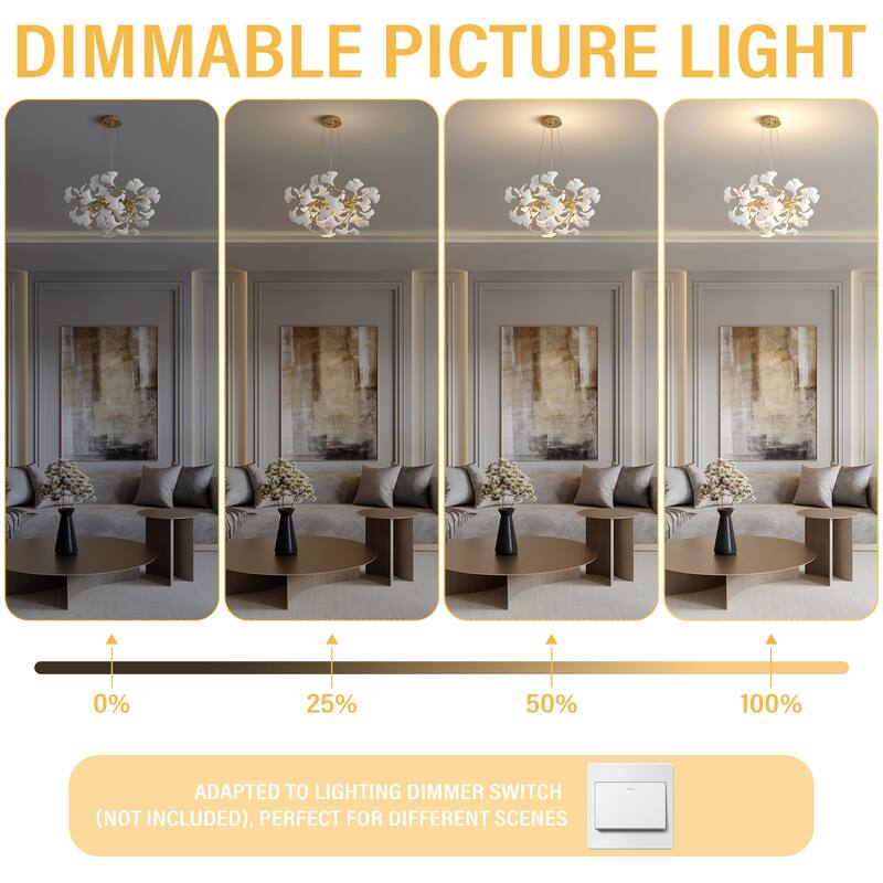 Modern Ginkgo Leaf Ceramic Chandelier, Moon Ring Round Pendant Light, D550-D1200, Gold Finish