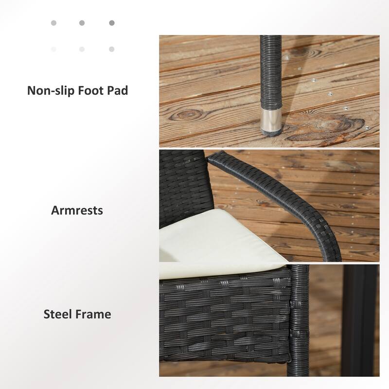 Outsunny Stackable PE Rattan Outdoor Dining Chairs with Cushion, Patio Wicker Dining Chair with Armrests and Backrest for Patio