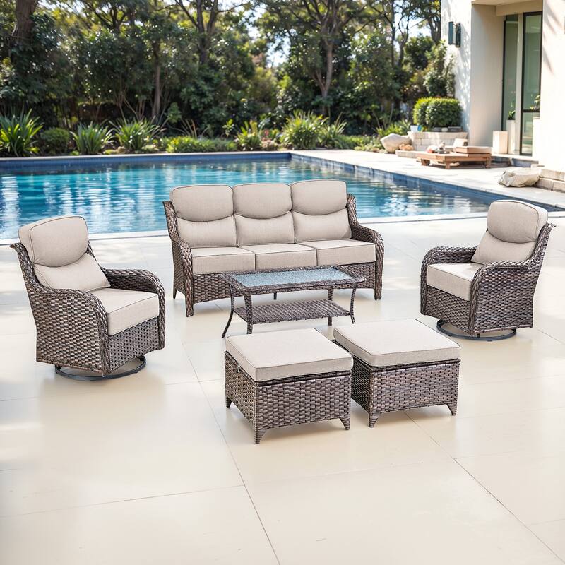 Gymojoy 6-Piece Patio Furniture Set with Swivel Glider Chairs, 6-Inch Ultra-Plush Cushions & Water-Resistant Olefin Fabric - Brown Wicker / Beige Cusion - 6-Piece