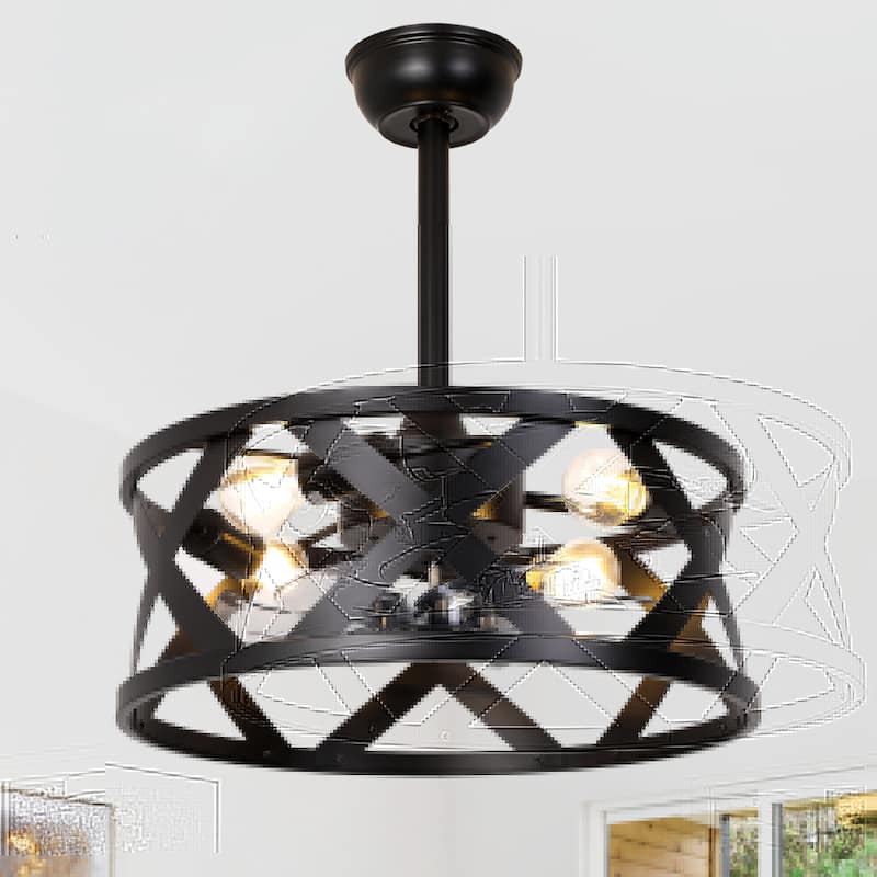 Cusp Barn 20" Farmhouse Caged Ceiling Fan with Lights and Remote, Industrial Black Fandelier, 6-speed Quiet DC Motor Ceiling Fan - Black