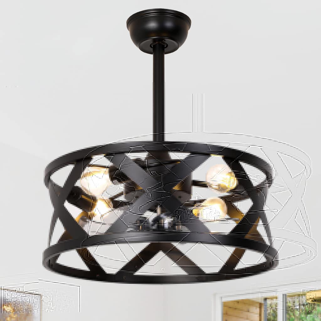 Cusp Barn 20" Farmhouse Caged Ceiling Fan with Lights and Remote, Industrial Black Fandelier, 6-speed Quiet DC Motor Ceiling Fan