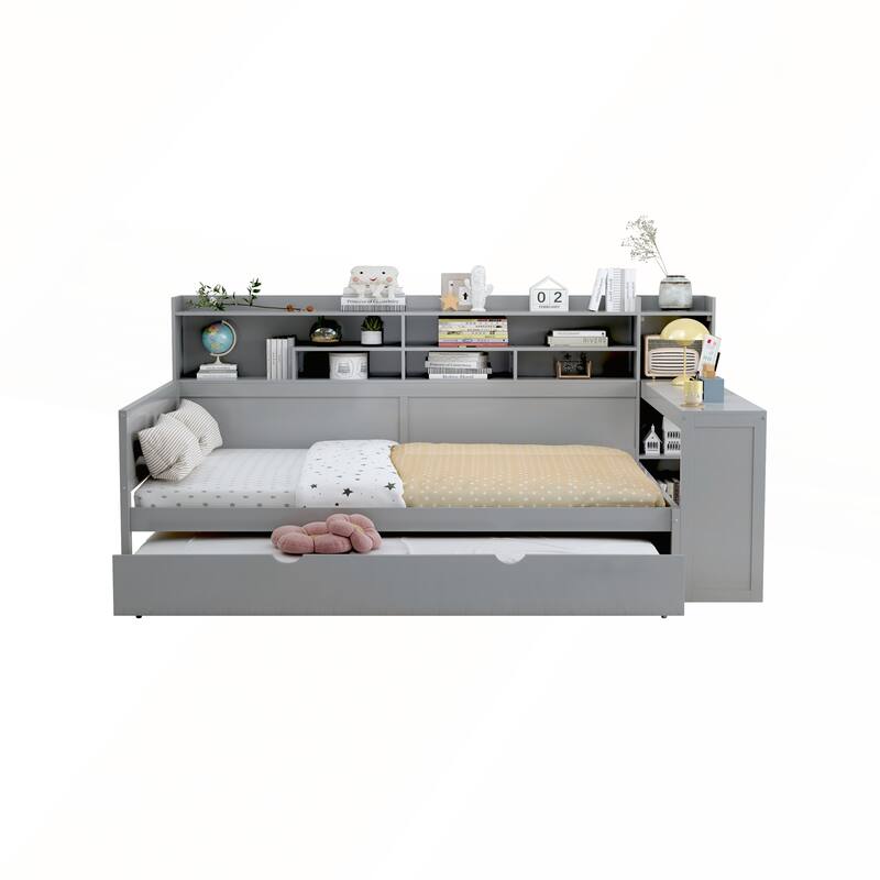 Multi-functional Wooden Full Size Daybed with Twin Size Trundle Bed and Study Desk