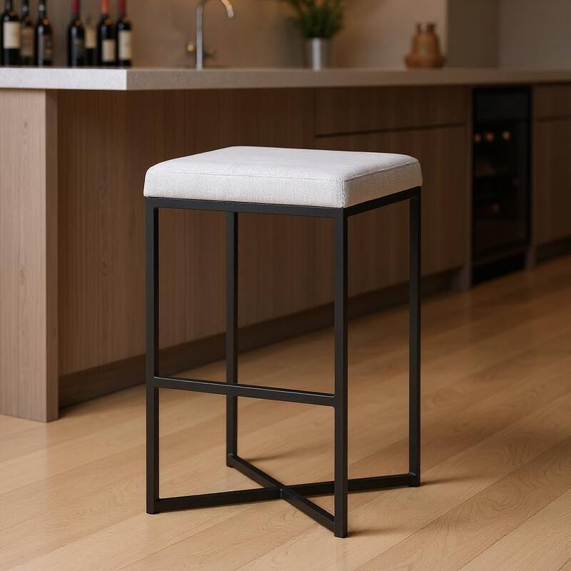 HomeRoots 30" White and Black Iron and Fabric Backless Bar Height Bar Chair - Bar Height - Single - White