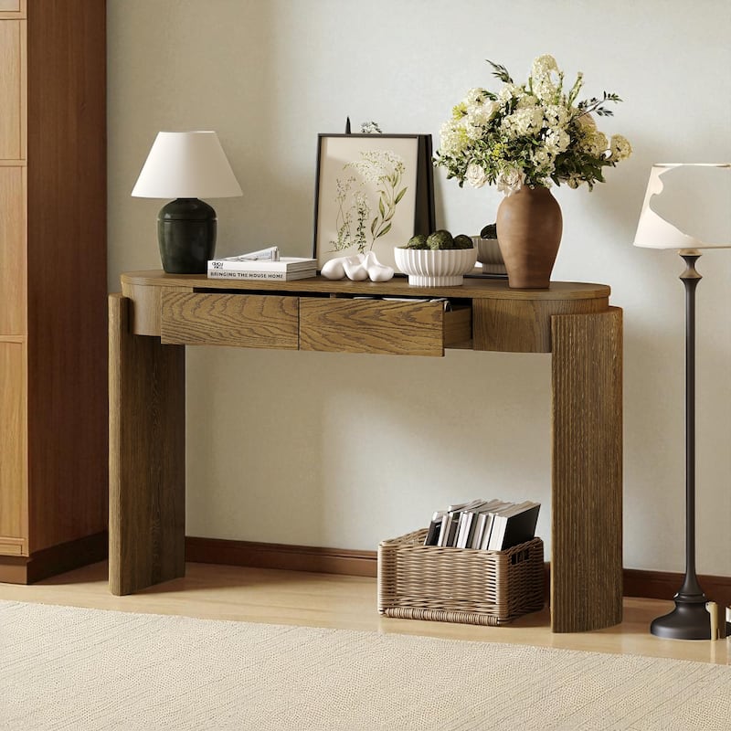 Rustic Oval Console Table with Fluted Design, 55" Entryway Accent Table with 2 Drawers and Curved Legs