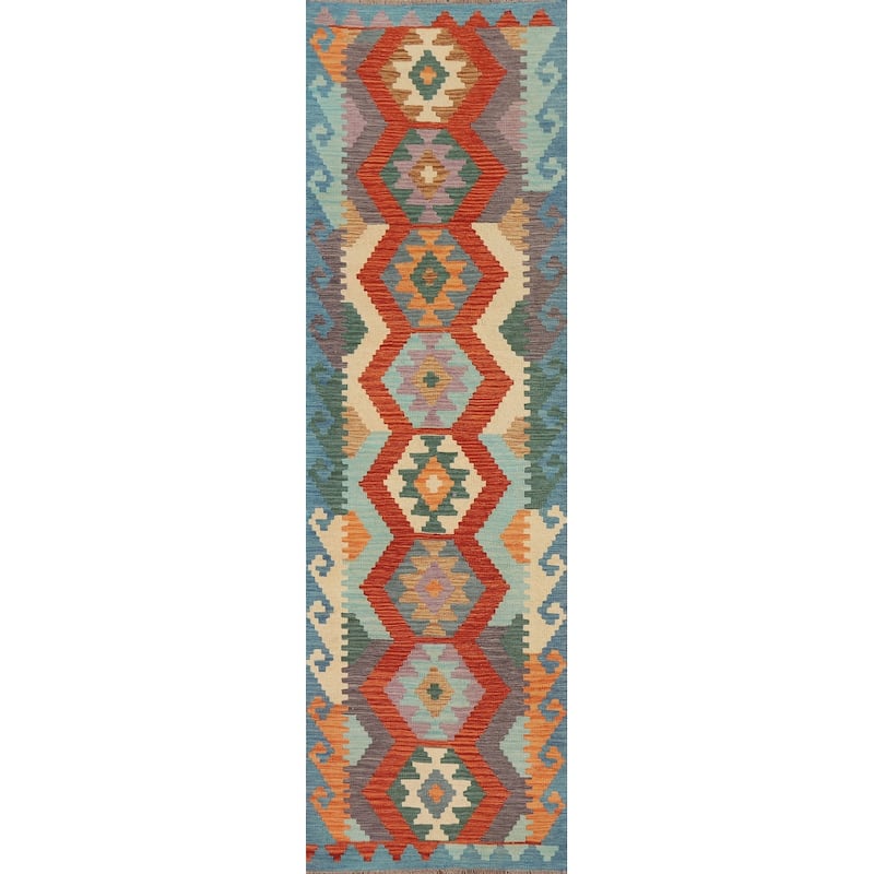 Hand Woven Oriental 100% Wool Carpet Southwestern Geometric Multi-Colored Kilim Runner Rug - 9' 7'' X 2' 8''
