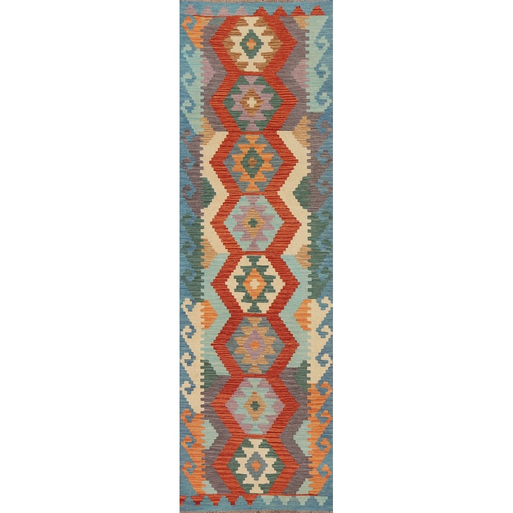 Hand Woven Oriental 100% Wool Carpet Southwestern Geometric Multi-Colored Kilim Runner Rug - 9' 7'' X 2' 8''