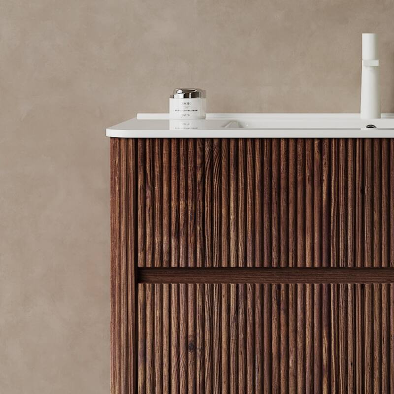 Wall-Mounted Bathroom Vanity Set in White + Deep Walnut with Integrated Ceramic Sink