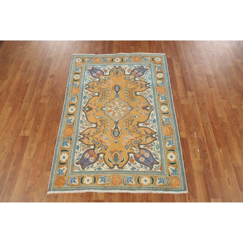 Hand Knotted Oriental 100% Wool Carpet Traditional Geometric Yellow & Gold Tabriz Area Rug - 4' 11'' X 3' 4''