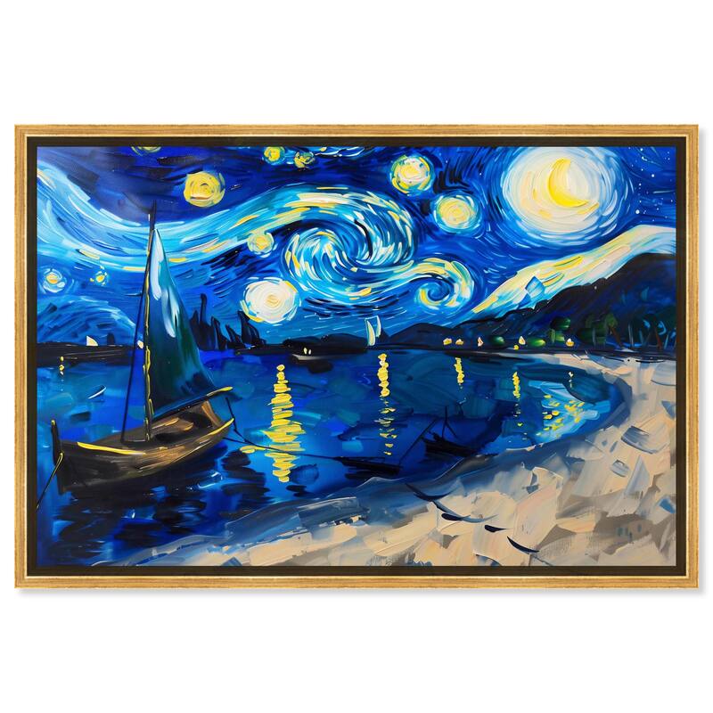 Art Remedy Whimsical Night Sail Framed Impressionism 1 Piece Canvas Wall Art /Monet And Van Gogh Inspired Art - 25 x 17 - Gold