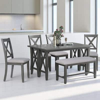 Modern 6-Piece Foldable Dining Set with Upholstered Chairs and Bench, Solid Wood Dining Table for Kitchen or Dining Room
