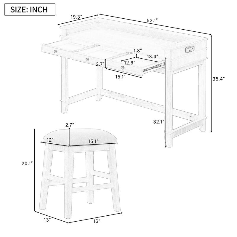 4-Piece Bar Table Set with Charging Station and Drawers, Elegant Counter Height Table and 3 Padded Stools