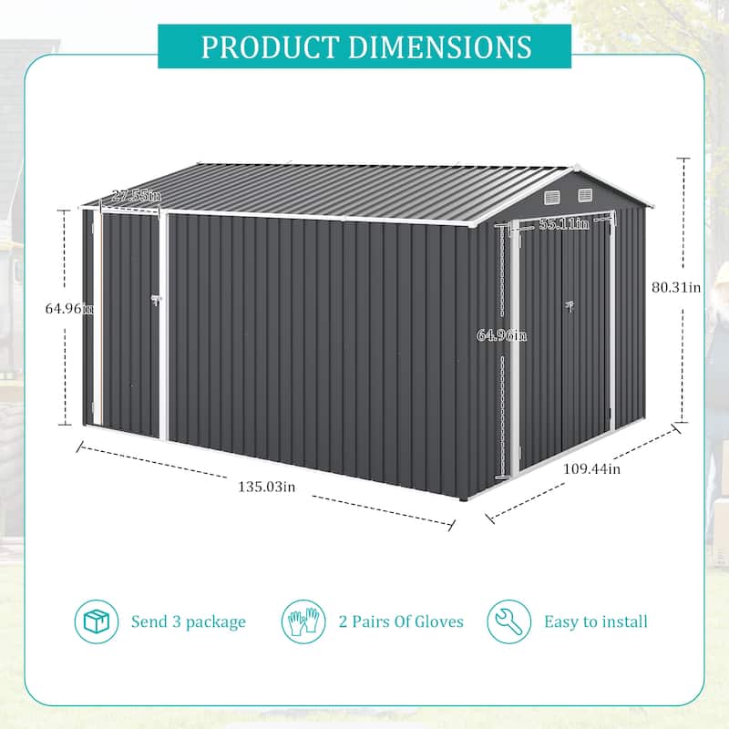 Campcraft Grey Outdoor Metal Storage Shed (9×11 FT) – Utility Tool Shed Equipped With 3 Lockable Doors And 4 Vents. - 9×11 FT