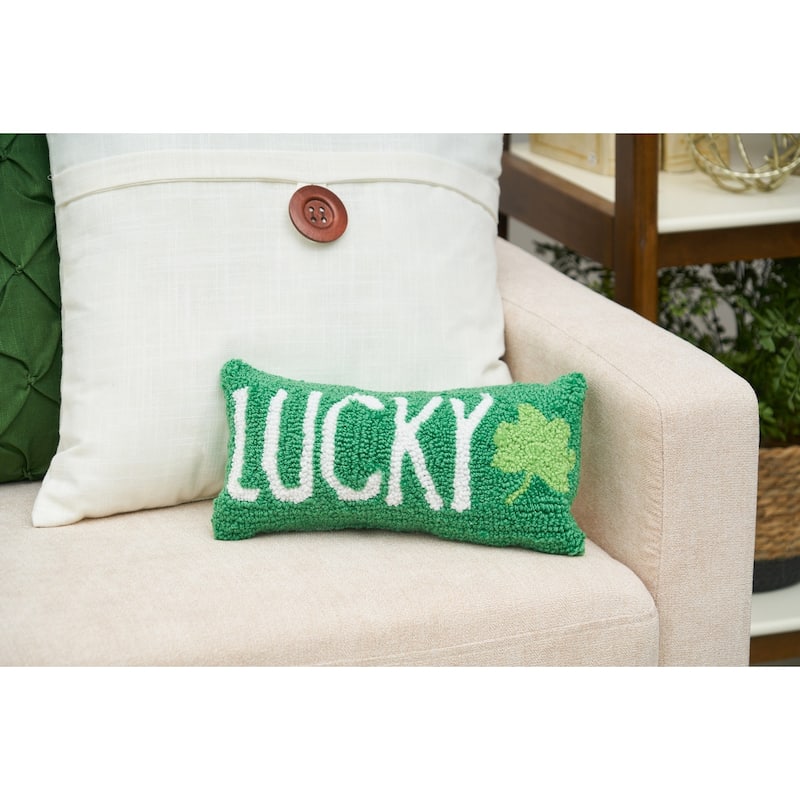 St. Patrick's Day "Lucky" 3 Leaf Clover Hooked Mini Accent Pillow 6" x 12"