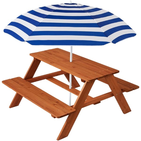 slide 2 of 10, Kids Wooden Outdoor Picnic Table w/ Adjustable Umbrella, Built-In Seat Golden Brown/Navy