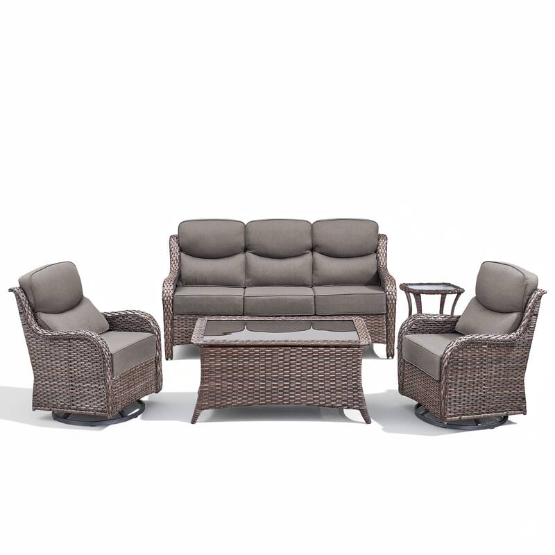 Meyreso 7-Piece Wicker Patio Conversation Set with Swivel Gliders and 6-Inch Thick Cushions