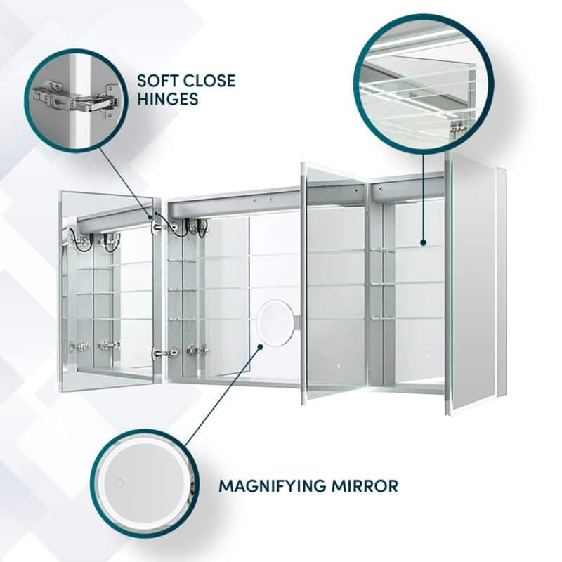 AQUADOM Edge Royale Bathroom Led Lighted Medicine Cabinet Defogger, 3X LED Adjustable Magnifying Mirror, Electrical Outlets.