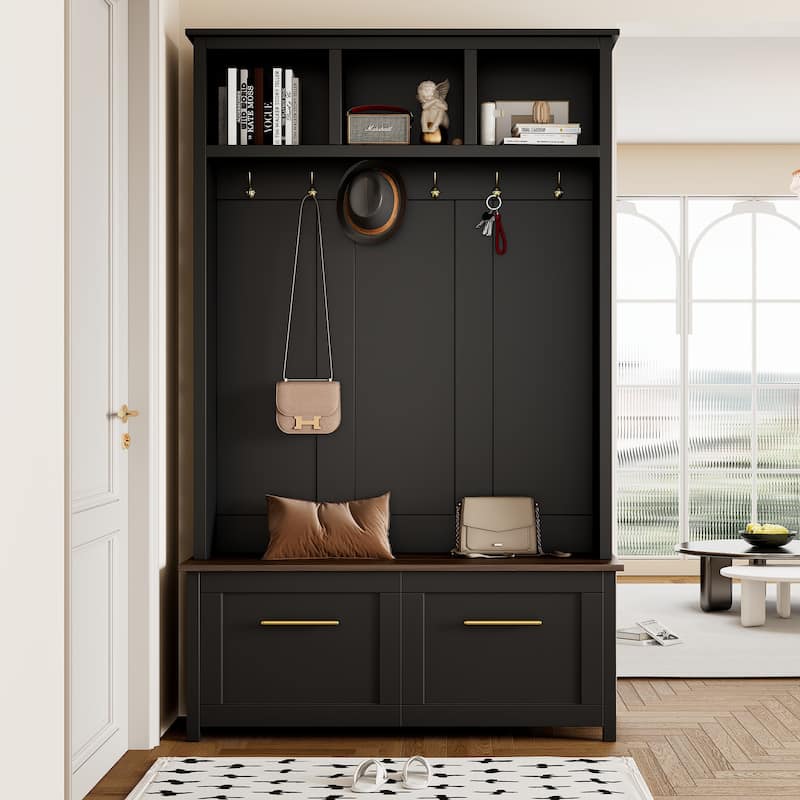 4-in-1 Multi-Functional Hall Tree – Wood Grain Storage Bench with 6 Golden Hooks & 2 Drawers – Entryway Organizer for Hallway -  Black