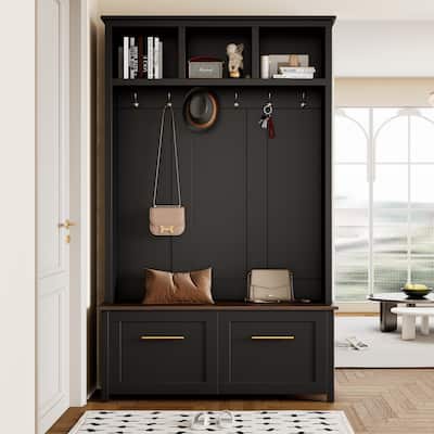 Entryway 4-in-1 Hall Tree with Bench and Shoe Storage, Wood Coat Rack Cabinet with Hooks & Anti-Tipping