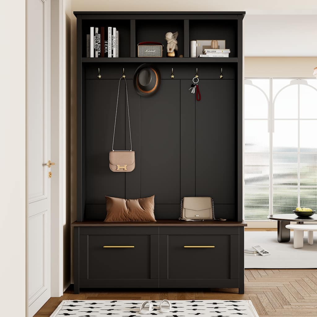 Rossetta 2-Drawer Integrated and Multifunctional Design Wooden Grain Hall Tree with Multiple Storage Space and Hook