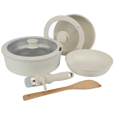 8-Piece Pots and Pans Set - Nonstick Cookware Set with Detachable Handle, Lids, Spatula, and Steam Pan by Home-Complete (Cream)