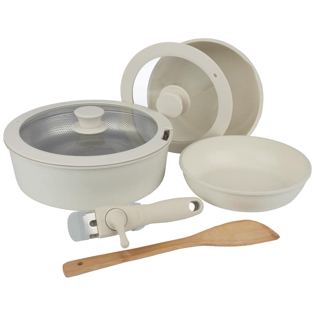 8-Piece Pots and Pans Set - Nonstick Cookware Set with Detachable Handle, Lids, Spatula, and Steam Pan by Home-Complete (Cream)
