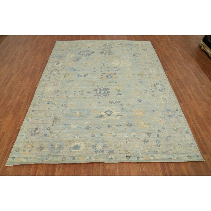 Vegetable Dye Wool Oushak Turkish Area Rug, Floral Geometric Carpet - 11' 8'' X 9' 0''