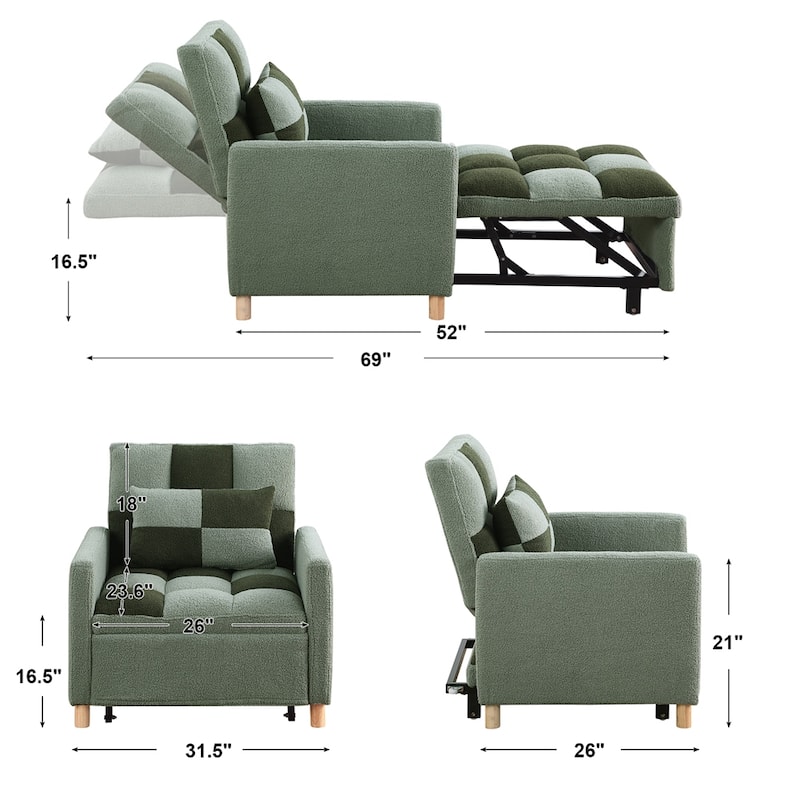 Teddy Fabric Convertible Multi-Functional Sleeper Sofa with Pillow