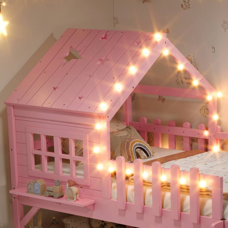House Loft Bed with Slide and LED Lights, Kids Playhouse Bed with Star & Moon Cutout Roof and Window, Low Loft Bed