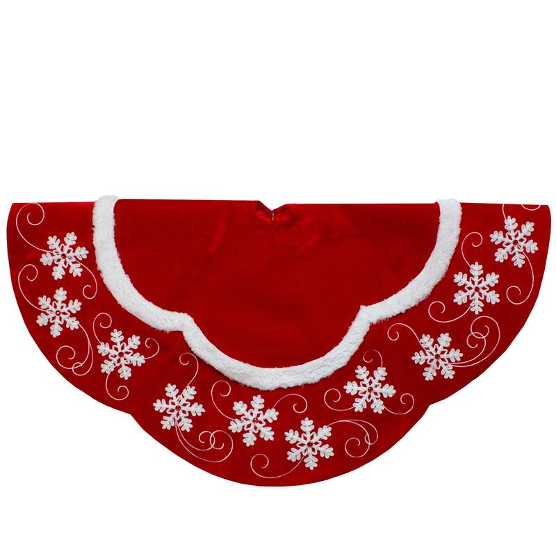 48-Inch Velvet Red and White Snowflake Scallop Christmas Tree Skirt - 48"
