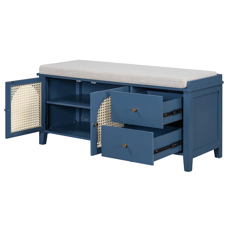 Wood Shoe Storage Bench with Cushion,2 Drawers and 2 Rattan Door