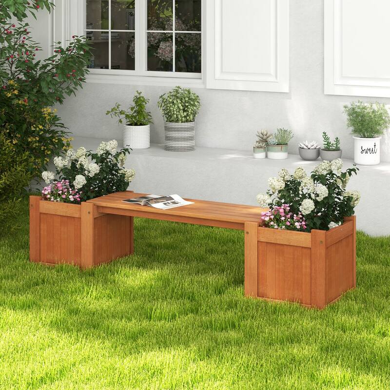 Gymax Wood Outdoor Planter Boxes w/ Detachable Bench 2 Elevated Mini